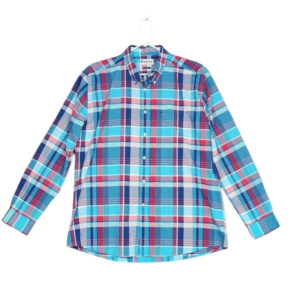 Barbour Button Up Shirt Mens 3XL Plaid Tailored Fit Blue Red Aqua - Picture 1 of 7